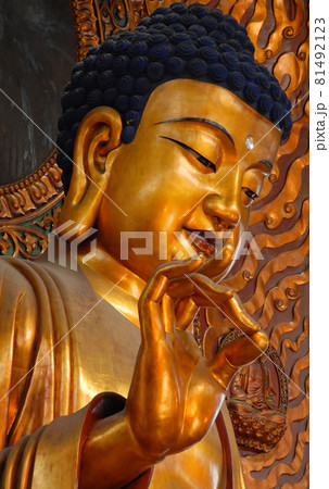 Hangzhou, Zhejiang Province, China: Lingyin Temple also known as the Temple of the Soul's Retreat in Hangzhou, China. Statue of Buddha in the Maravira Hall (main hall) at the temple. Hangzhou, Zhejiang Province, China: Lingyin Temple also known as the Temple of the Soul's Retreat in Hangzhou, China. Statue of Buddha in the Maravira Hall (main hall) at the temple. 81492123