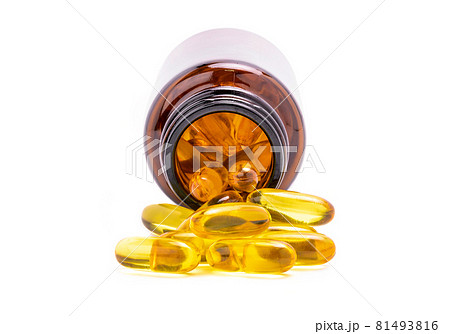 Fish Oil supplement capsules for health spill out from brown glass bottle Fish Oil supplement capsules for health spill out from brown glass bottle 81493816