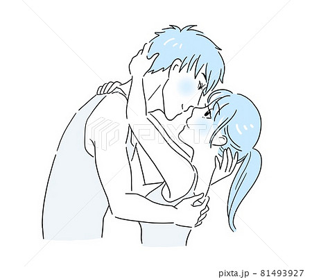 下着で抱き合ってキスをしようとする男女のカップルのイラスト素材