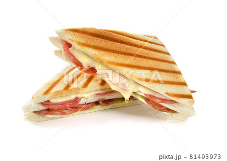 Grilled double sandwich with Italian salami and melting cheese on white background Grilled double sandwich with Italian salami and melting cheese on white background 81493973