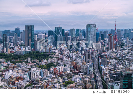 日本の東京都市景観　赤坂や六本木の街並み、六本木ヒルズなどを望む 81495040