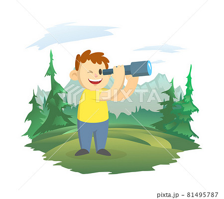 A happy boy looks through a telescope. A boy scout on the background of a mountain landscape. Observations of nature. Vector illustration, isolated on white. 81495787