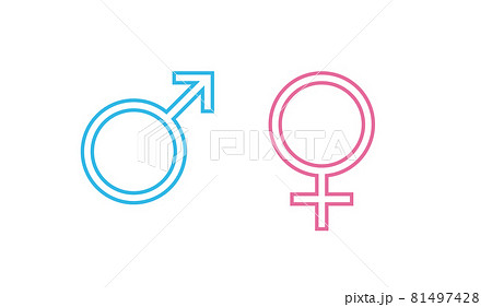 Blue Male and pink female sign. Circle with an arrow and cross down. Belonging to the masculine or female gender. Vector Illustration. EPS10 Blue Male and pink female sign. Circle with an arrow and cross down. Belonging to the masculine or female gender. Vector Illustration. EPS10 81497428