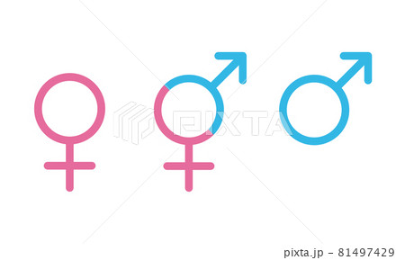 Blue Male and pink female sign. Circle with an arrow and cross down. Belonging to the masculine or female gender. Vector Illustration. EPS10 81497429