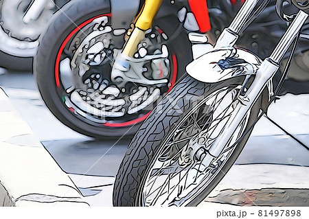 パステル調 駐車場に止められたオートバイ イラストイメージのイラスト素材
