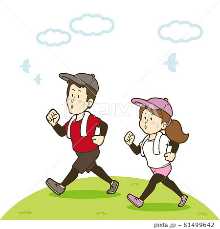 ウォーキングで体を動かす若い男女のイラスト 81499642