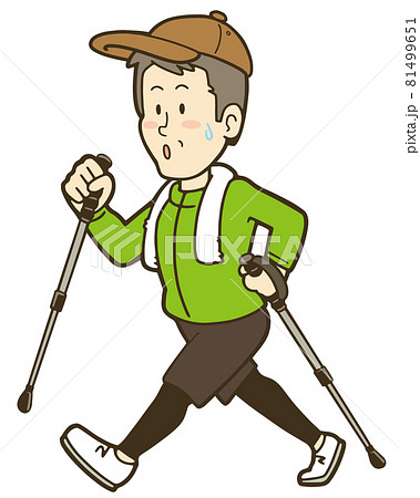 ノルディックウォーキングで体を動かす中年男性のイラストのイラスト素材