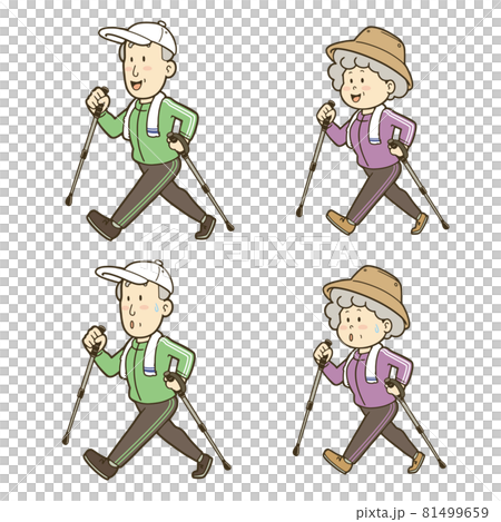ノルディックウォーキングで体を動かすシニアの男女のイラストセットのイラスト素材