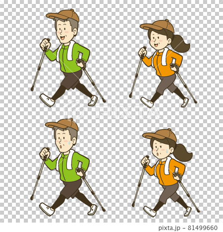 ノルディックウォーキングで体を動かす中年の男女のイラストセットのイラスト素材
