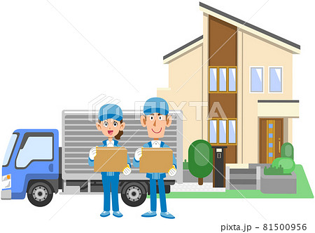 家の前に停まっているトラックと引越し業者の男女 81500956