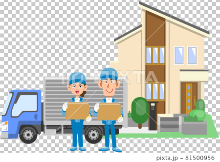 家の前に停まっているトラックと引越し業者の男女 81500956