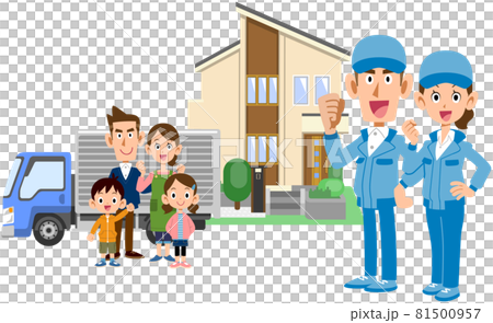 引っ越しする家族とトラックと引越し業者の男女 81500957