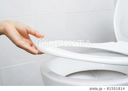 Woman's hand opening the toilet lid 81501814