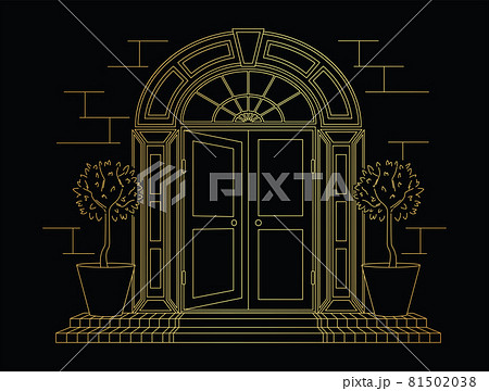 Line art golden sketch entrance to the magic house. A stained-glass door, steps, rounded trees 81502038
