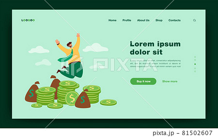 Happy millionaire jumping near pile of coins Happy millionaire jumping near pile of coins 81502607