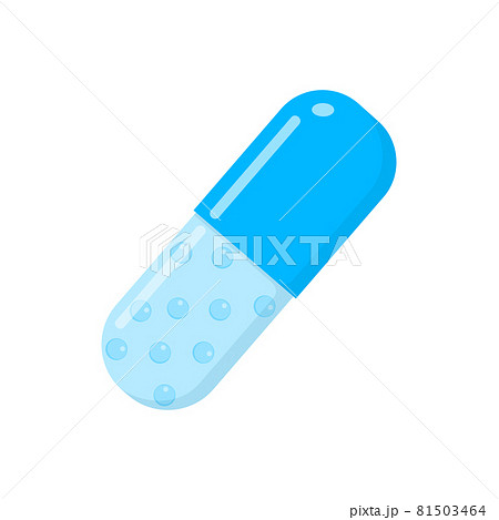 Blue capsule with dragees. Spansula with drug granules isolated on white background. Medical therapy concept. Vector cartoon illustration 81503464