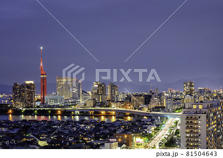 美しい福岡の夜景 赤色に輝く福岡タワー 美しい福岡の夜景 赤色に輝く福岡タワー 81504643