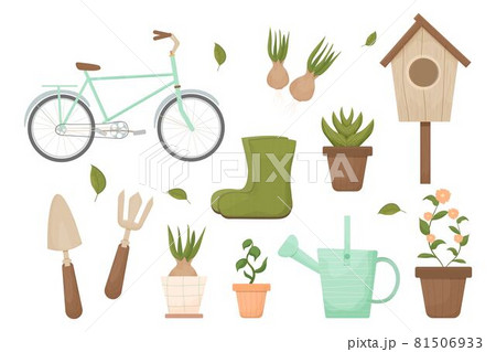 Hygge spring time gardening in Scandinavian style with tools, boots, birdhouse, bike and flowerpot isolated on white background. Textured objects in pastel trendy colours. Farming, cozy agricultural. Hygge spring time gardening in Scandinavian style with tools, boots, birdhouse, bike and flowerpot isolated on white background. Textured objects in pastel trendy colours. Farming, cozy agricultural. 81506933