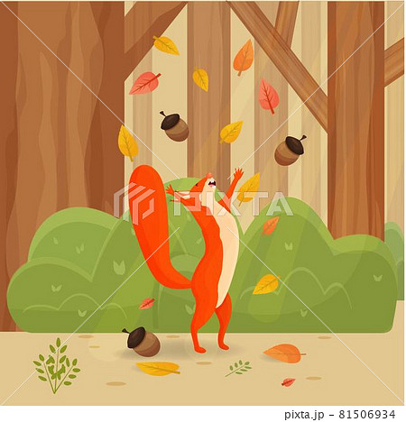 Happy cartoon, comic squirrel with autumn leaves in forest scenery, landscape, background colorful and bright stock vector illustration Happy cartoon, comic squirrel with autumn leaves in forest scenery, landscape, background colorful and bright stock vector illustration 81506934