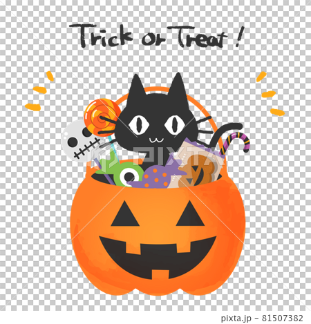 ハロウィンのカボチャのバスケットに入っている黒猫とお菓子のイラスト素材 [81507382] - PIXTA