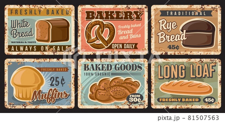 Bread metal rusty plates, bakery loafs and pastry Bread metal rusty plates, bakery loafs and pastry 81507563