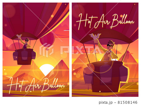 Hot air balloon with man and dove at sunset Hot air balloon with man and dove at sunset 81508146