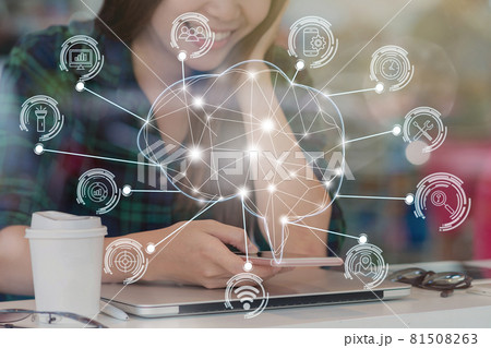 Asian businesswoman in casual suit using mobile phone for Polygonal brain shape of an artificial intelligence with various icon of smart city Internet of Things Technology, AI and business IOT concept 81508263