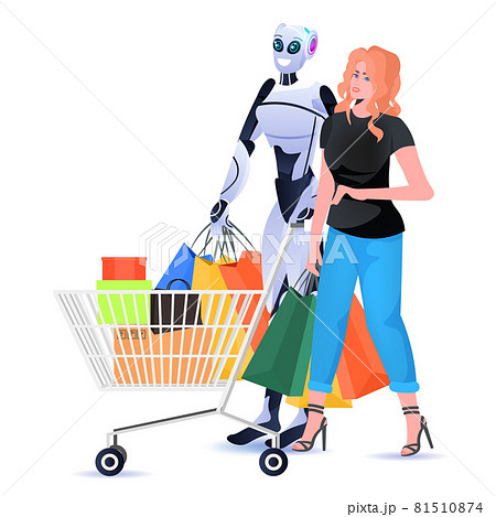 modern robot with woman holding colorful purchases shopping bags artificial intelligence technology concept 81510874