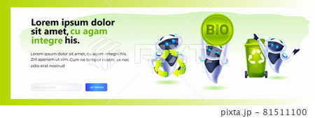 robots with recycle waste symbol green arrows logo artificial intelligence save planet environmental protection 81511100