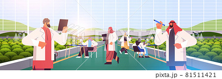 arabic agricultural engineers researching plants in greenhouse agriculture scientist smart farming concept 81511421