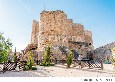 Young woman contemplating a restored castle Young woman contemplating a restored castle 81511944