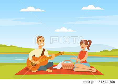Romantic Couple Having Picnic Sitting on Blanket with Hamper Playing Guitar Vector Illustration 81511960