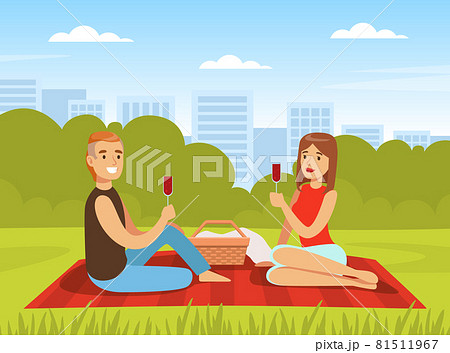 Romantic Couple Having Picnic Sitting on Blanket with Glass of Wine and Hamper Vector Illustration Romantic Couple Having Picnic Sitting on Blanket with Glass of Wine and Hamper Vector Illustration 81511967
