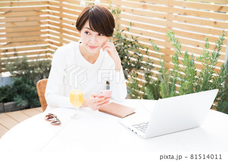 屋外でワーケーション中にスマホを操作する女性 屋外でワーケーション中にスマホを操作する女性 81514011