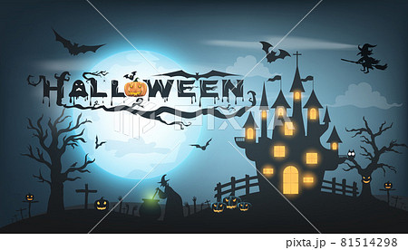 Happy Halloween background with pumpkin ghost, Haunted house with full moon and The witch was casting magic spells and made poison. Template for Halloween party. Vector illustration 81514298