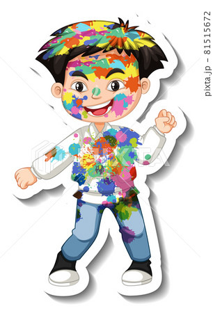 Happy boy with colour on his body sticker on white background 81515672