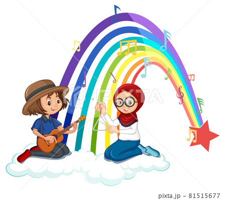 Two kids playing guitar and maracas with rainbow 81515677