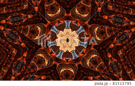 Ginger groovy kaleidoscope abstract seamless pattern with round kaleidoscopic glowing elements 81515795