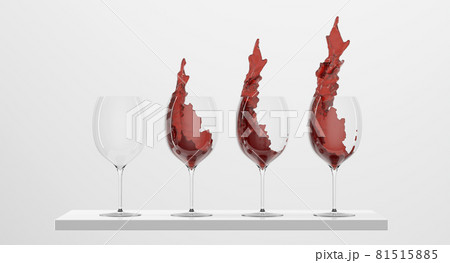 Wineglasses set with red liquid on podium. Empty, full with splashes and droplets crystal glasses, mockup clear cups with alcohol drink isolated on white background. Realistic illustration, 3d render 81515885