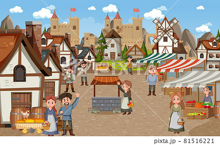 Medieval town scene with villagers Medieval town scene with villagers 81516221