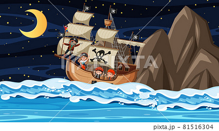 Ocean with Pirate ship at night scene in cartoon style 81516304