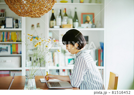 デスクでリモートワークをする女性 デスクでリモートワークをする女性 81516452