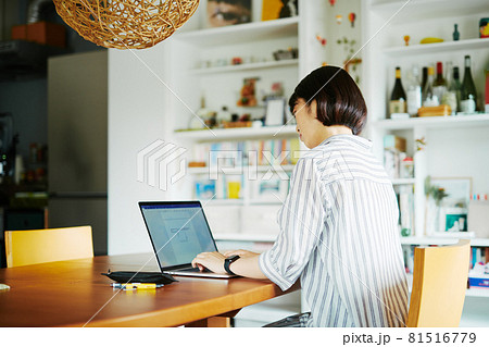 デスクでリモートワークする女性 81516779