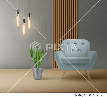 Modern chair in room. Luxury minimalist interior decoration cozy armchair empty seating place object for living room decent vector realistic background 81517073