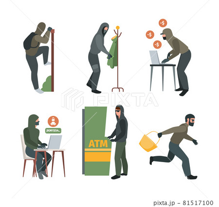 Robbery characters. Burglaries apartment and computers thieves garish vector stylized bad robbery peoples 81517100