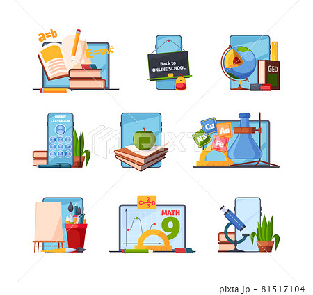 Education tools. Back to school items for distance education smart gadgets of students learning time object commputers notebooks tablets garish vector school collection Education tools. Back to school items for distance education smart gadgets of students learning time object commputers notebooks tablets garish vector school collection 81517104