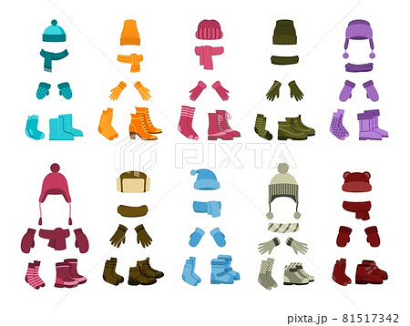 Cartoon winter accessories. Colorful girl warm clothes, isolated kid hat and scarf. Mittens and boots, fashion seasonal outfit recent vector elements 81517342