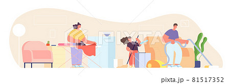 Parents and child cleaning home. Couple clean room, family doing housework together. Using vacuum cleaner, everyday routine utter vector concept 81517352