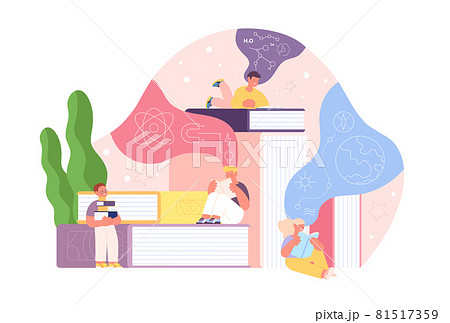 Children study with books. Cute kids reading and writing, child read book. School education, literature lesson or smart students utter vector concept Children study with books. Cute kids reading and writing, child read book. School education, literature lesson or smart students utter vector concept 81517359