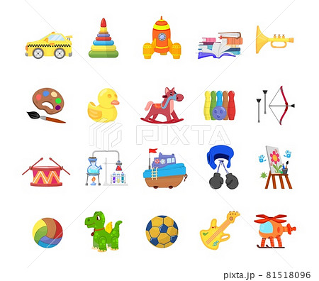 Kindergarten children toys. Baby plastic toy, cartoon toddler drum. Kid car and ball, cute dinosaur and horse. Isolated play elements decent vector set 81518096